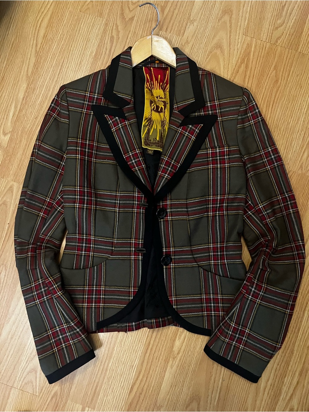 LAMB by Gwen stefani medium Olive Plaid Blazer with Black Trim - Tailored Check
